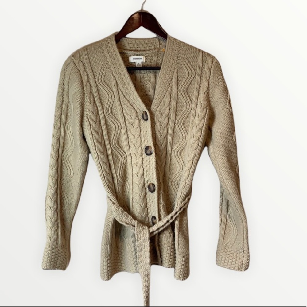 St. John’s Bay Cable Fisherman V Neck Belted Button Up Cardigan Sweater Medium